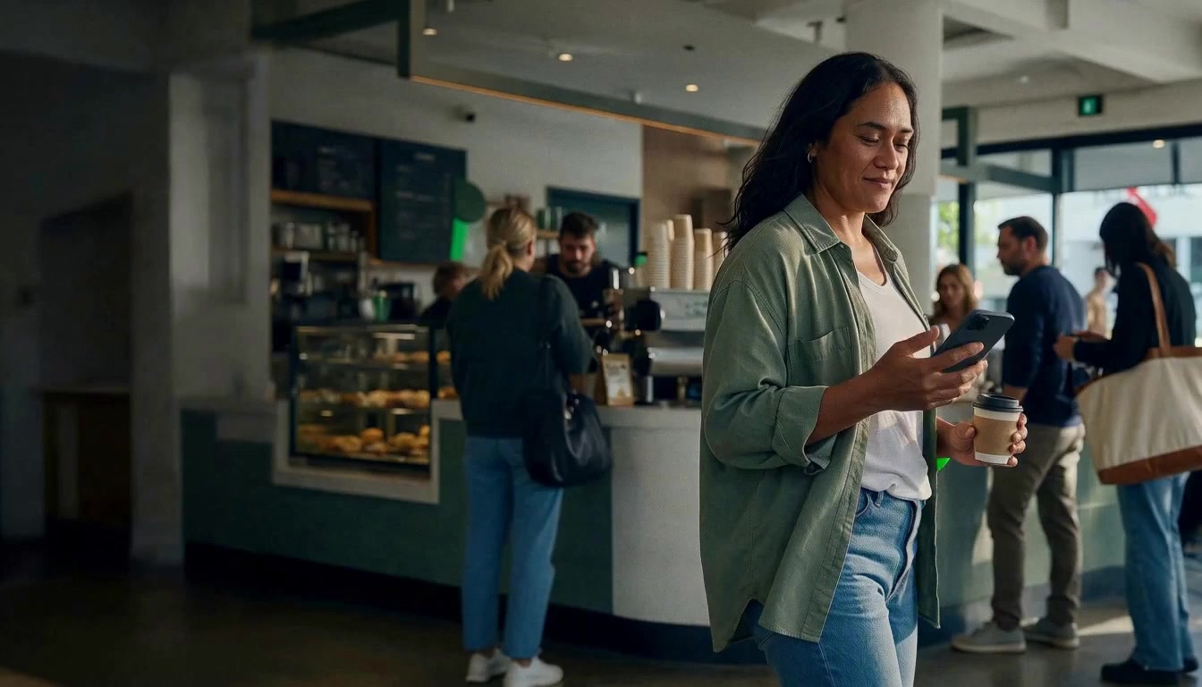 A customer looking up from her phone, coffee in hand, quietly pleased.